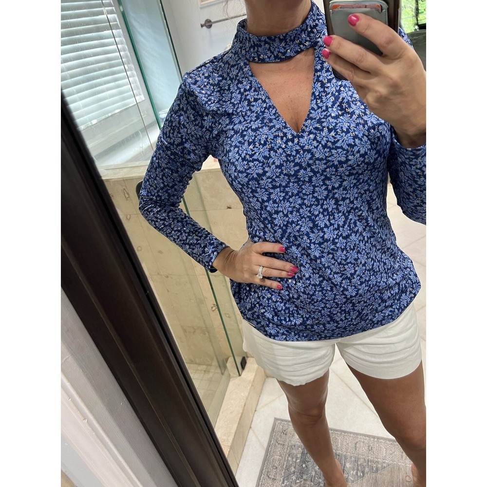 Michael Kors Womens Blue Gold Floral Choker Keyhole Long Sleeve Blouse Top M